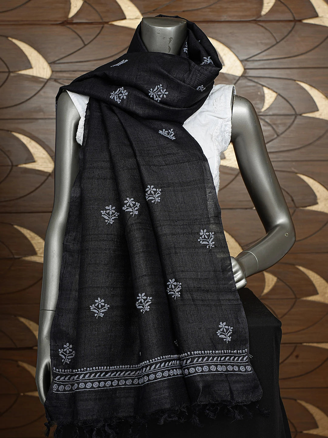 Ada Hand Embroidered Black Tussar Silk Lucknowi Chikankari Dupatta 01A844000