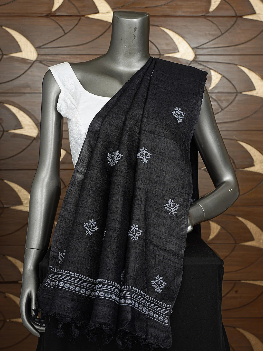 Ada Hand Embroidered Black Tussar Silk Lucknowi Chikankari Dupatta 01A844000