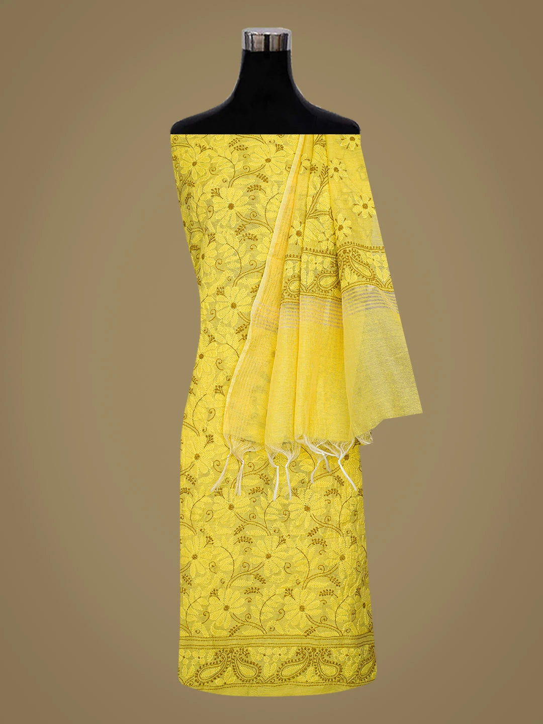 Ada Hand Embroidered Yellow Chanderi Lucknowi Chikankari Unstitched Kurta Dupatta Set 01A700017