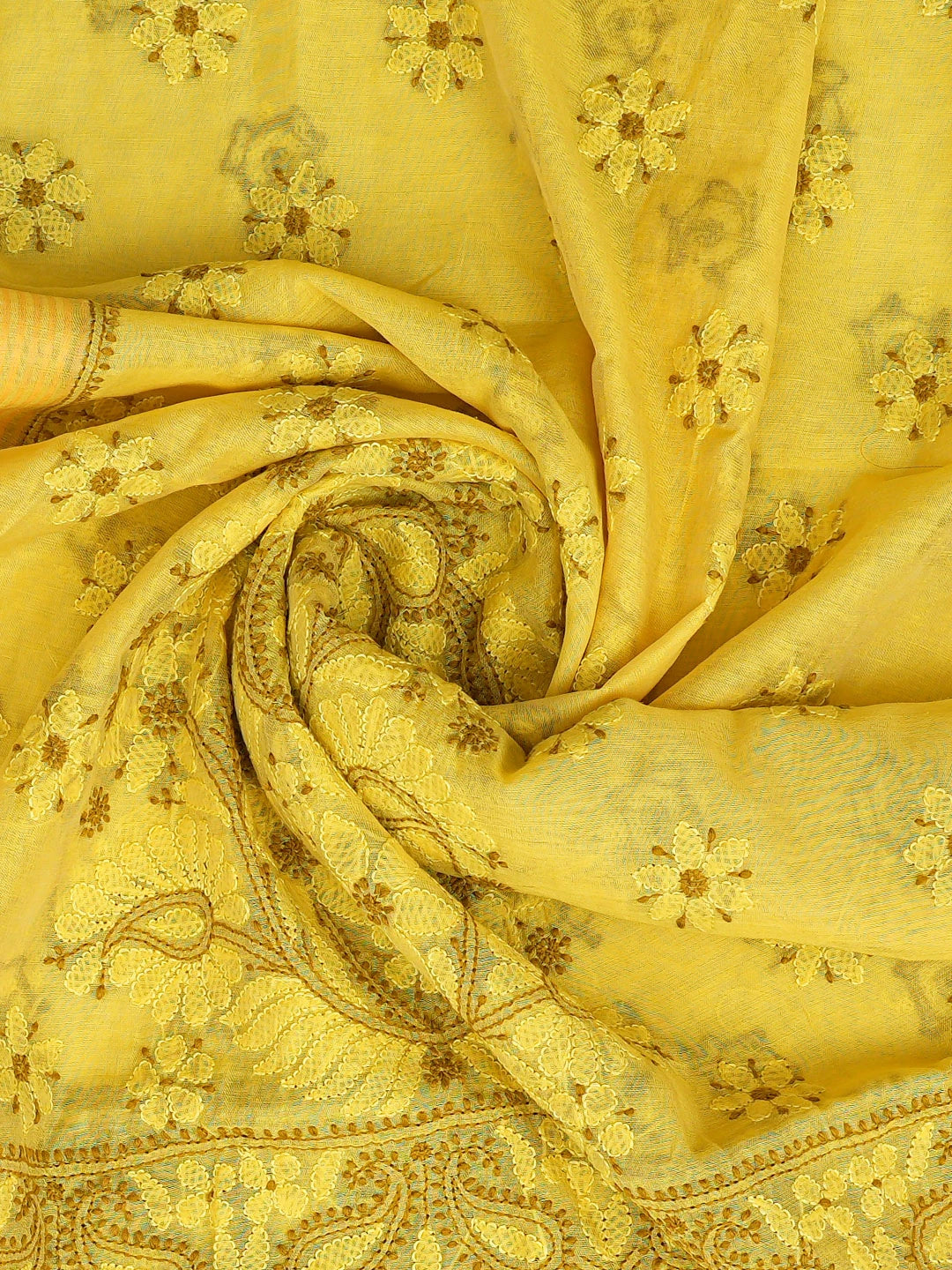 Ada Hand Embroidered Yellow Chanderi Lucknowi Chikankari Unstitched Kurta Dupatta Set 01A700017