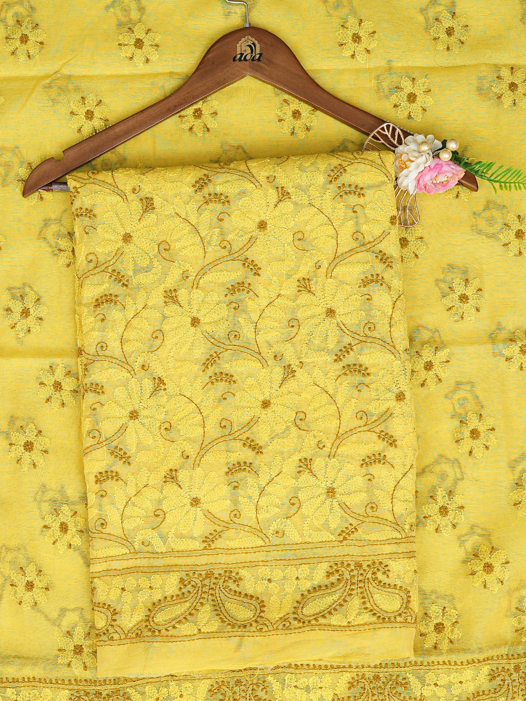 Ada Hand Embroidered Yellow Chanderi Lucknowi Chikankari Unstitched Kurta Dupatta Set 01A700017