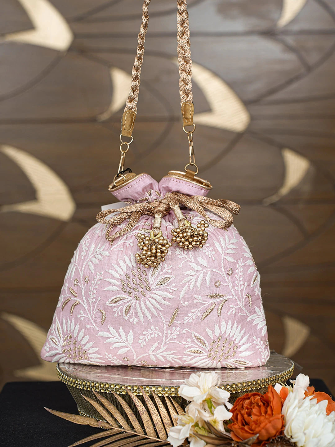 Ada Hand Embroidered Pink Silk Lucknowi Chikankari Potli Bag With Zari Work 01A815473