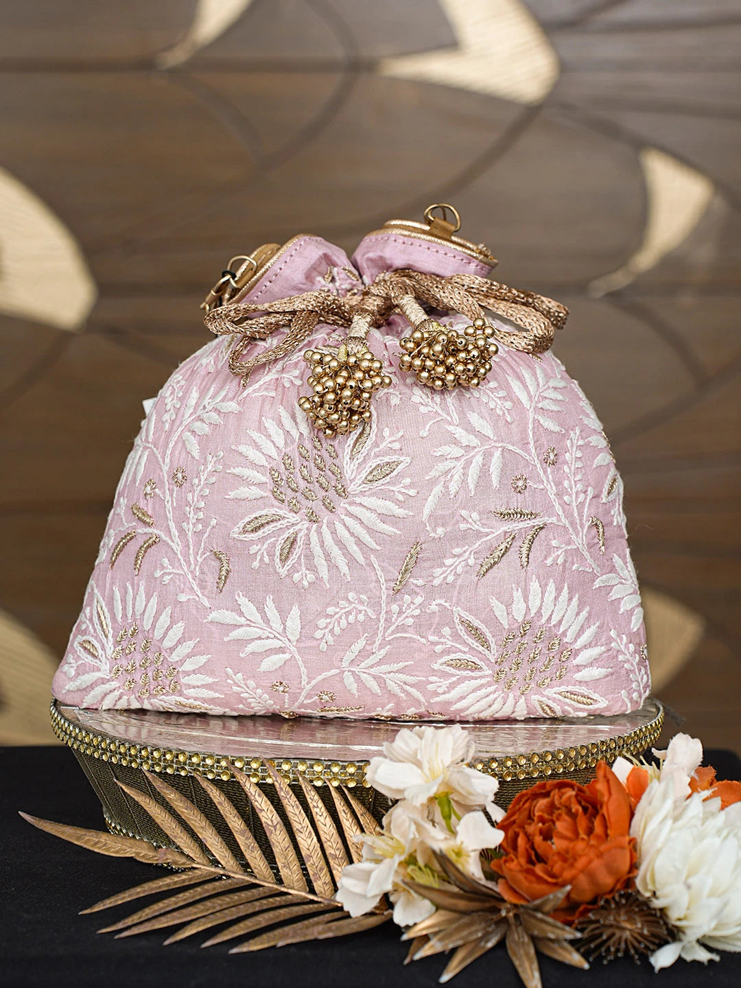 Ada Hand Embroidered Pink Silk Lucknowi Chikankari Potli Bag With Zari Work 01A815473