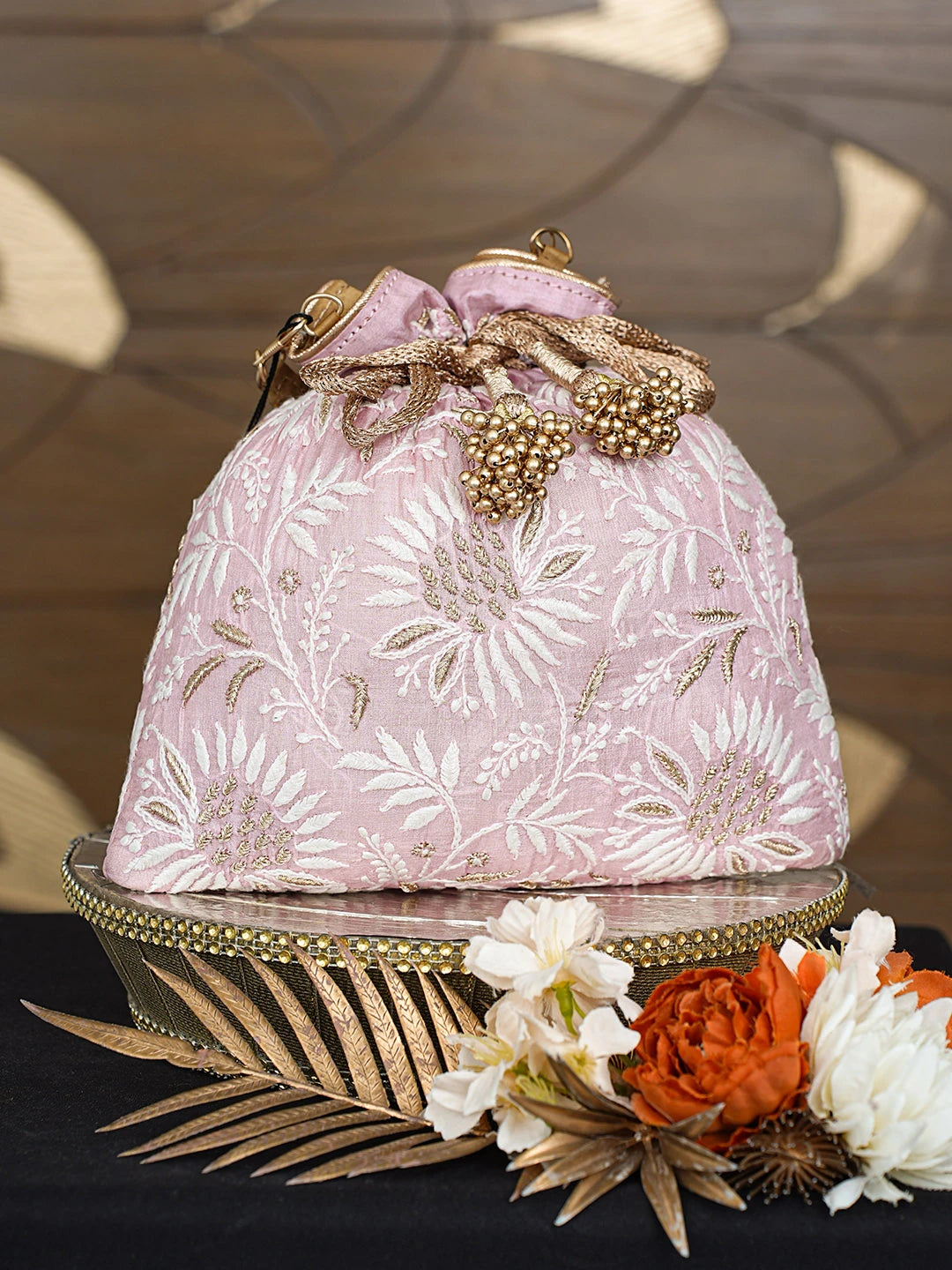 Ada Hand Embroidered Pink Silk Lucknowi Chikankari Potli Bag With Zari Work 01A815473