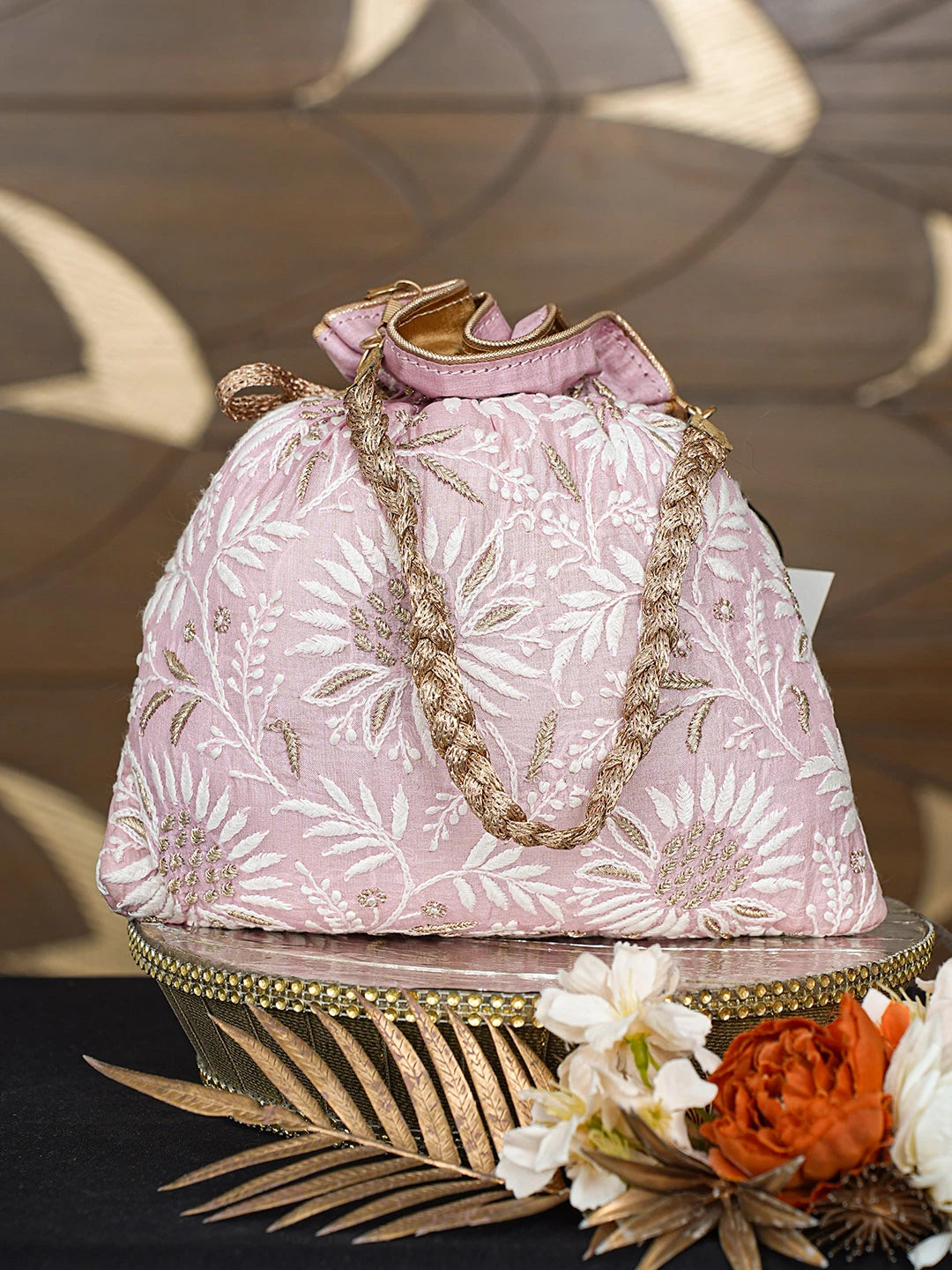 Ada Hand Embroidered Pink Silk Lucknowi Chikankari Potli Bag With Zari Work 01A815473