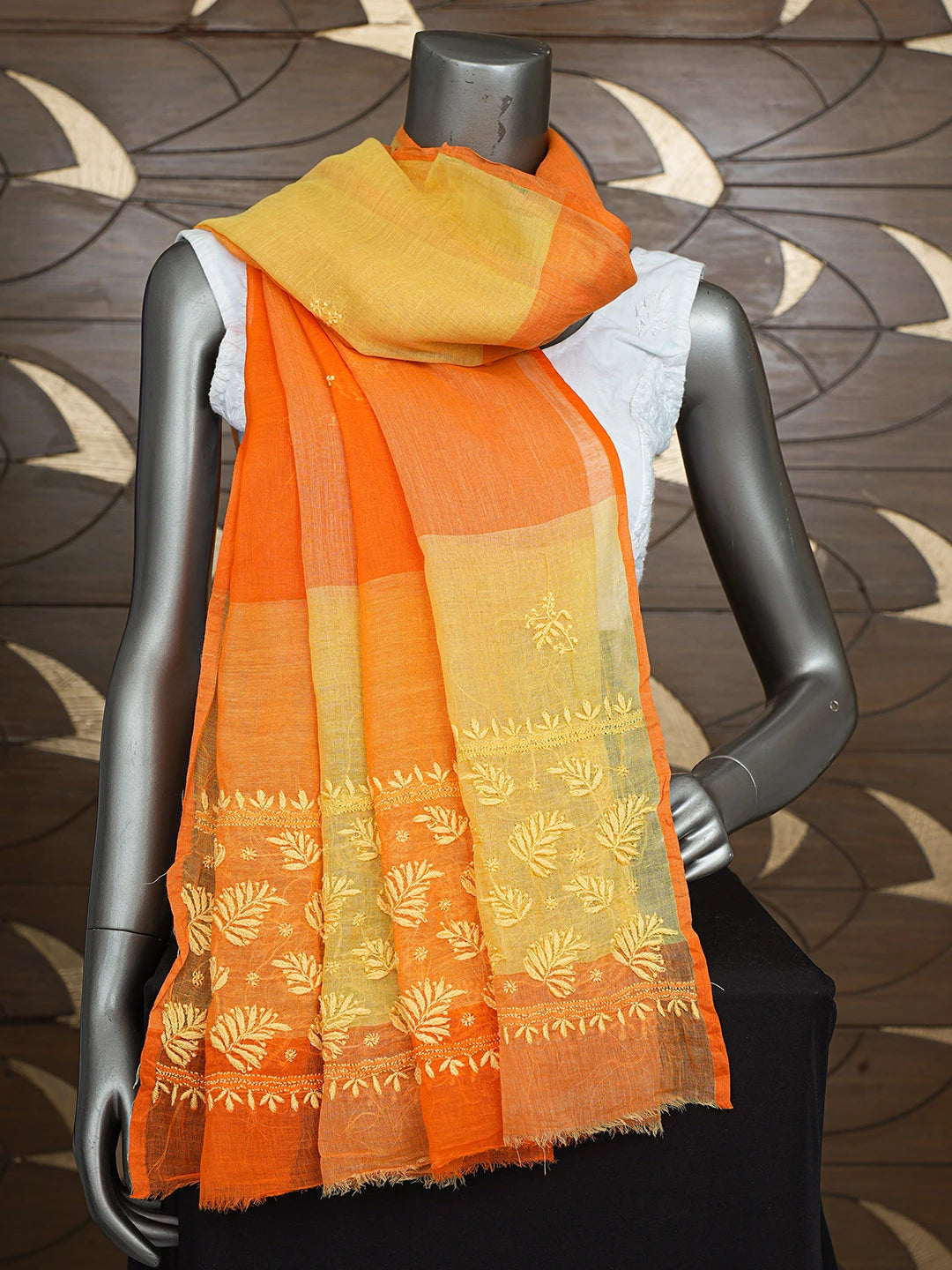 Ada Hand Embroidered Yellow & Orange Cotton Lucknowi Chikankari Dupatta 08A503379