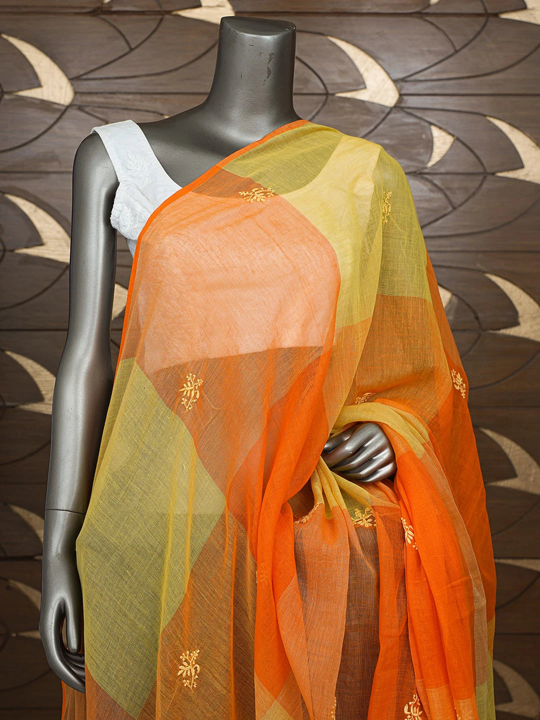Ada Hand Embroidered Yellow & Orange Cotton Lucknowi Chikankari Dupatta 08A503379