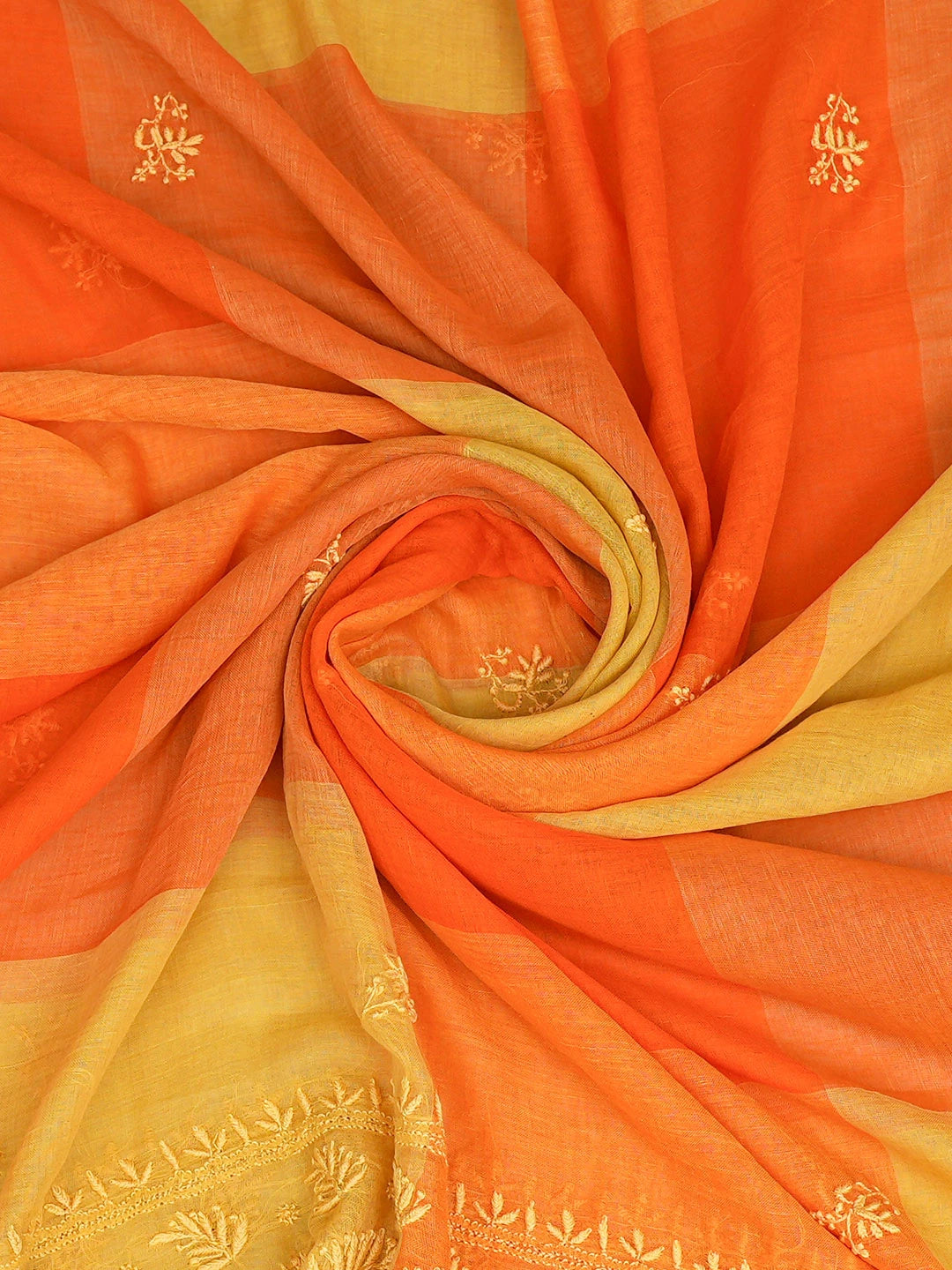 Ada Hand Embroidered Yellow & Orange Cotton Lucknowi Chikankari Dupatta 08A503379