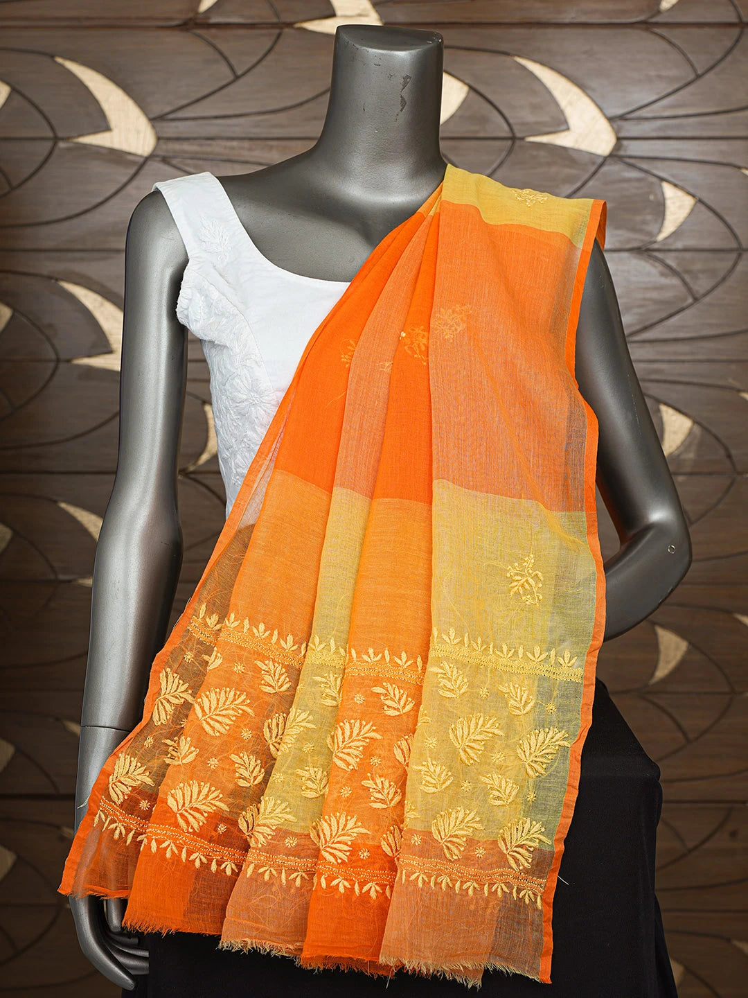 Ada Hand Embroidered Yellow & Orange Cotton Lucknowi Chikankari Dupatta 08A503379
