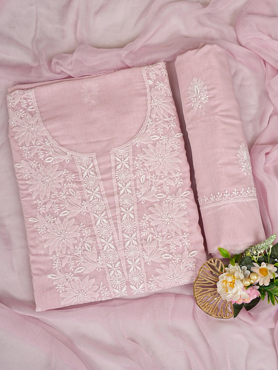 Ada Hand Embroidered Pink Cotton Lucknowi Chikankari Unstitched Suit Piece 01A773527