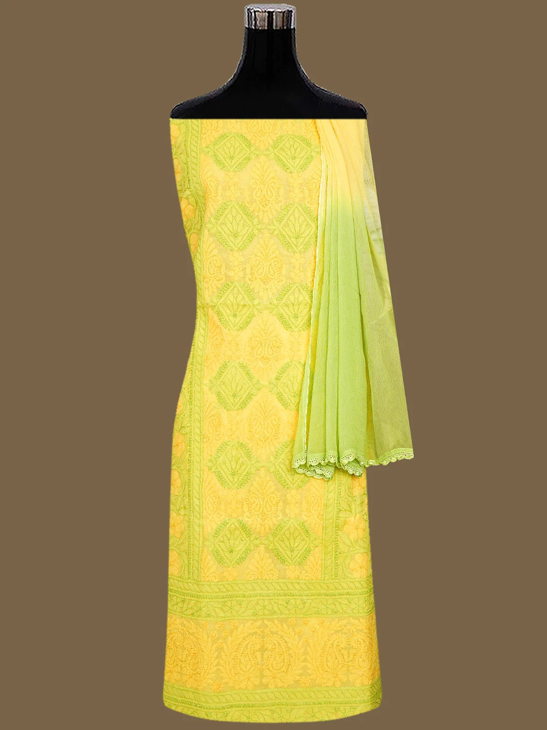 Ada Hand Embroidered Yellow Cotton Lucknowi Chikankari Unstitched Suit Piece 01A847543