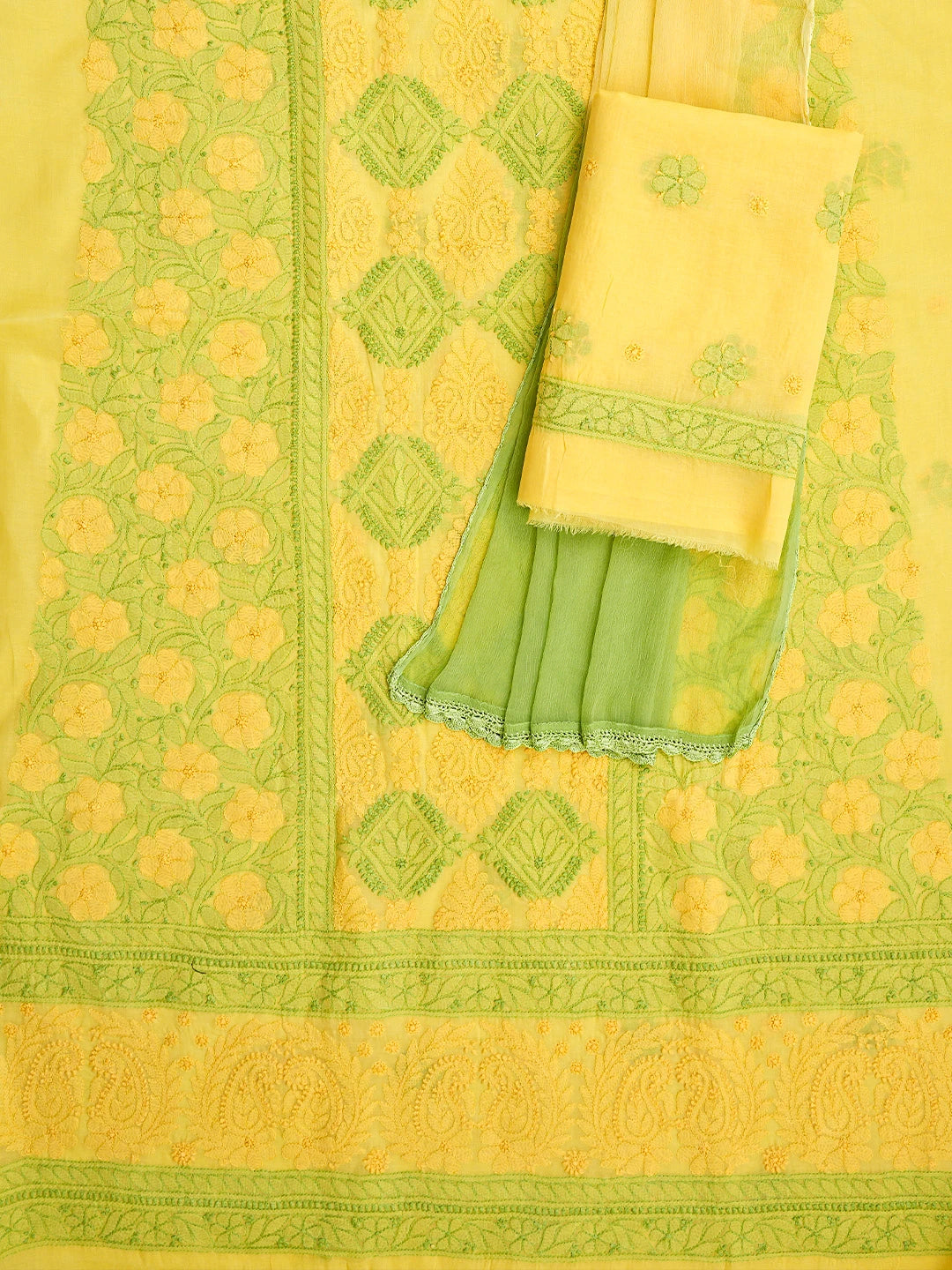 Ada Hand Embroidered Yellow Cotton Lucknowi Chikankari Unstitched Suit Piece 01A847543