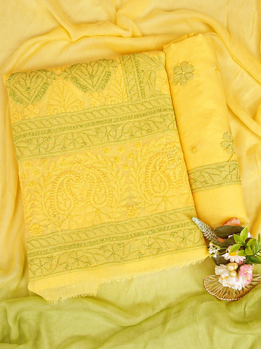 Ada Hand Embroidered Yellow Cotton Lucknowi Chikankari Unstitched Suit Piece 01A847543