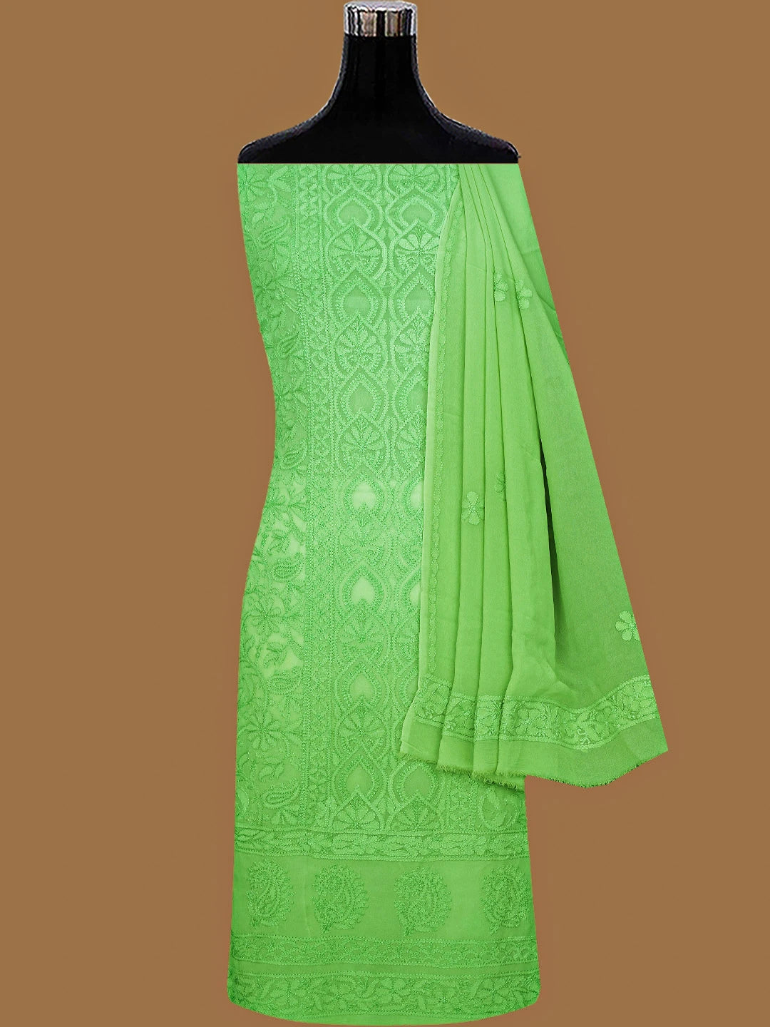 Ada Hand Embroidered Lime Green Viscose Georgette Lucknowi Chikankari Unstitched Kurta Dupatta Set 01A811116