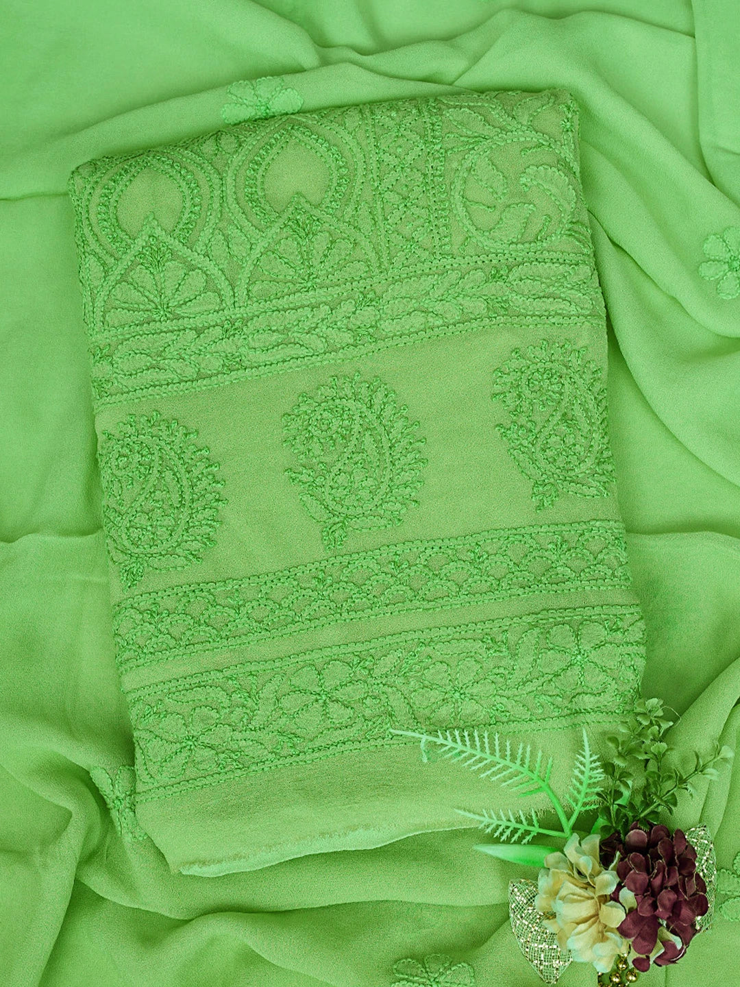 Ada Hand Embroidered Lime Green Viscose Georgette Lucknowi Chikankari Unstitched Kurta Dupatta Set 01A811116