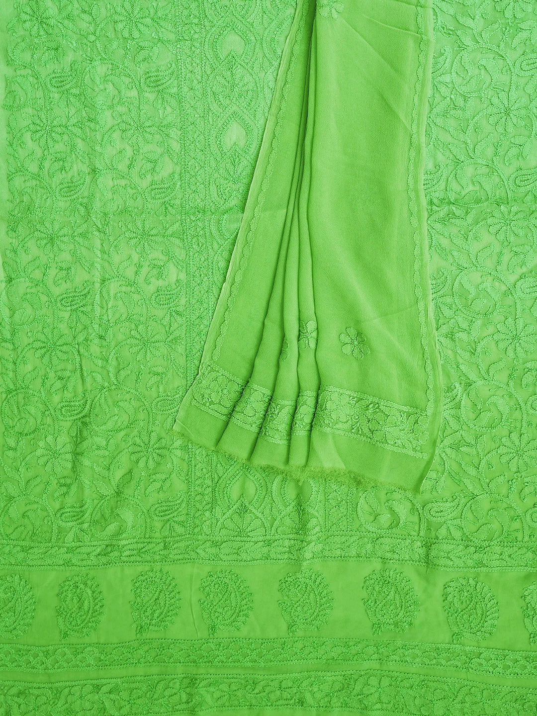 Ada Hand Embroidered Lime Green Viscose Georgette Lucknowi Chikankari Unstitched Kurta Dupatta Set 01A811116
