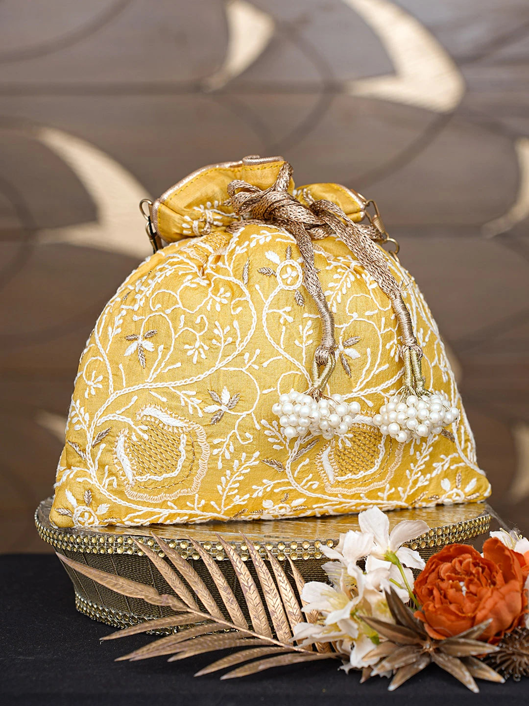 Ada Hand Embroidered Mustard Silk Lucknowi Chikankari Potli Bag With Zari Work 01A793831