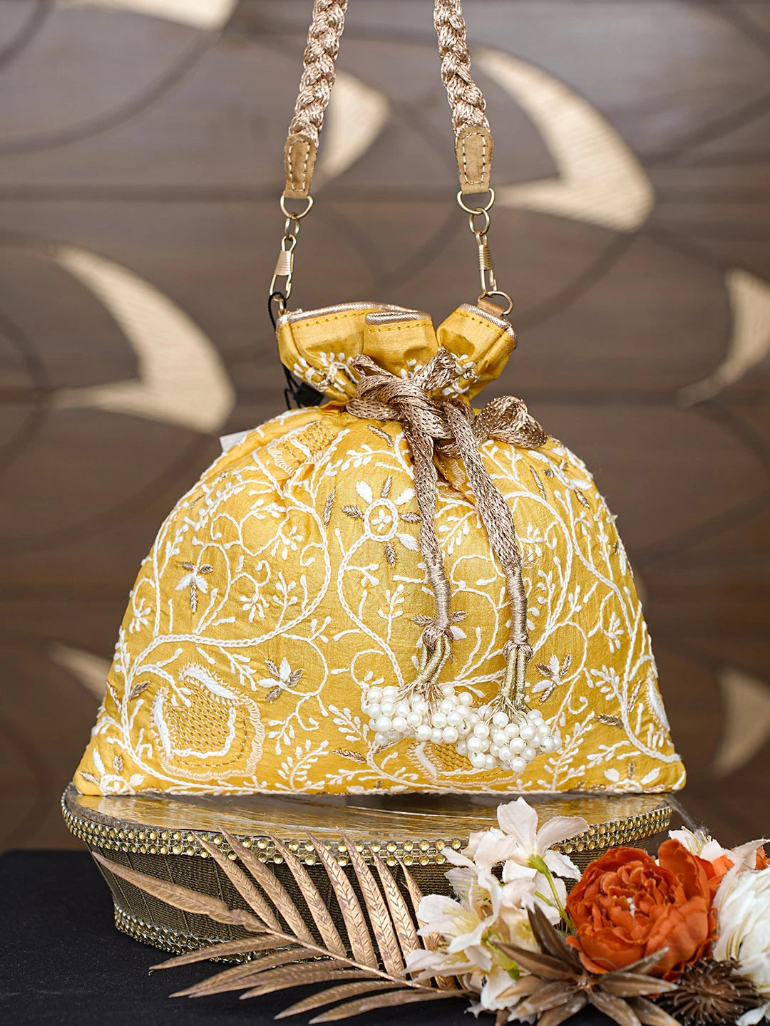 Ada Hand Embroidered Mustard Silk Lucknowi Chikankari Potli Bag With Zari Work 01A793831