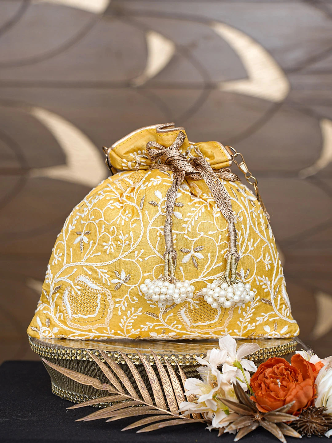 Ada Hand Embroidered Mustard Silk Lucknowi Chikankari Potli Bag With Zari Work 01A793831