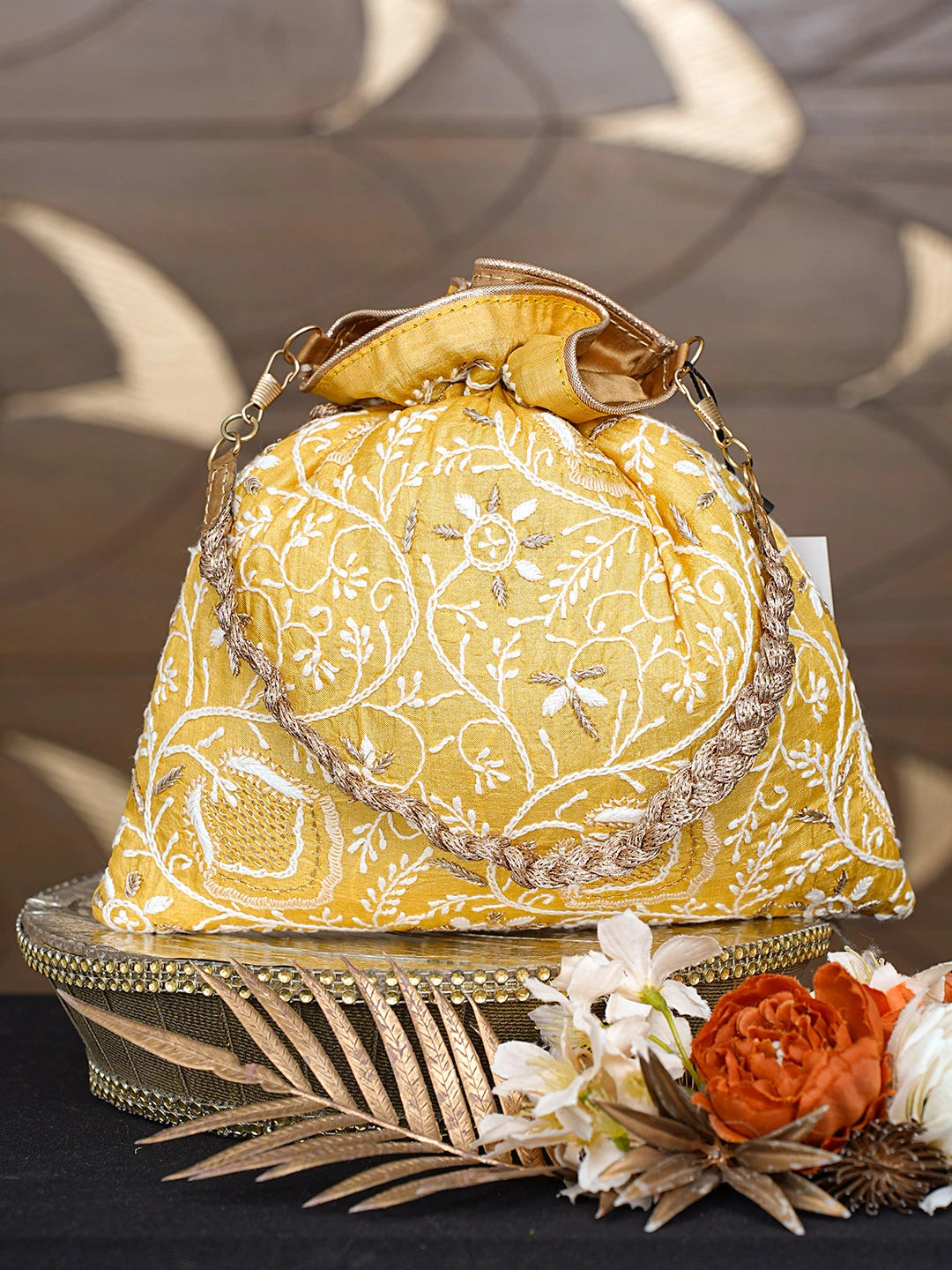Ada Hand Embroidered Mustard Silk Lucknowi Chikankari Potli Bag With Zari Work 01A793831