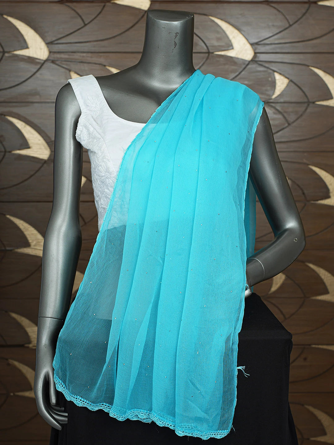 Ada Hand Embroidered Blue Chiffon Lucknowi Chikankari Dupatta With Mukaish Work 01A692828