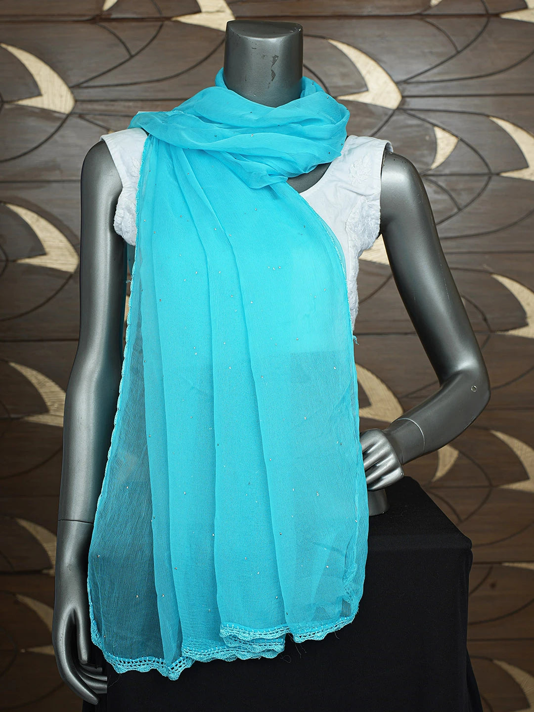 Ada Hand Embroidered Blue Chiffon Lucknowi Chikankari Dupatta With Mukaish Work 01A692828