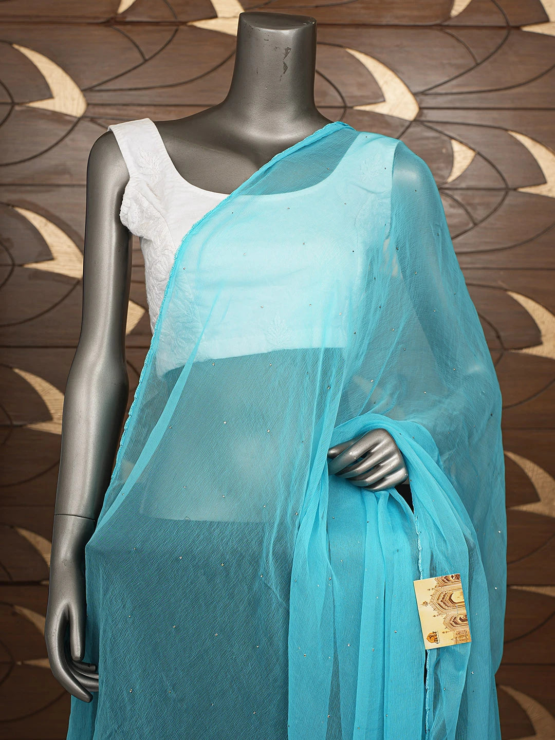 Ada Hand Embroidered Blue Chiffon Lucknowi Chikankari Dupatta With Mukaish Work 01A692828