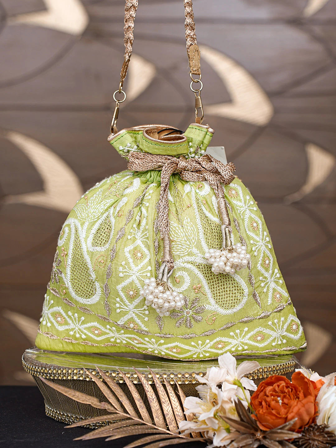 Ada Hand Embroidered Green Silk Lucknowi Chikankari Potli Bag With Zari Work 01A662352