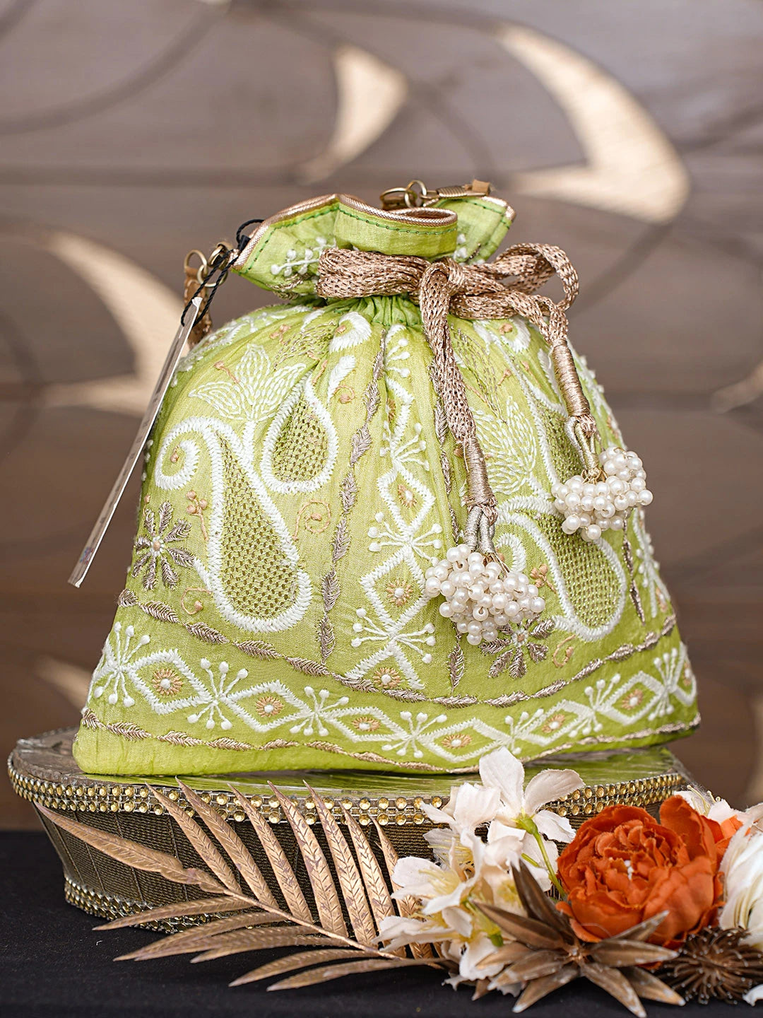 Ada Hand Embroidered Green Silk Lucknowi Chikankari Potli Bag With Zari Work 01A662352