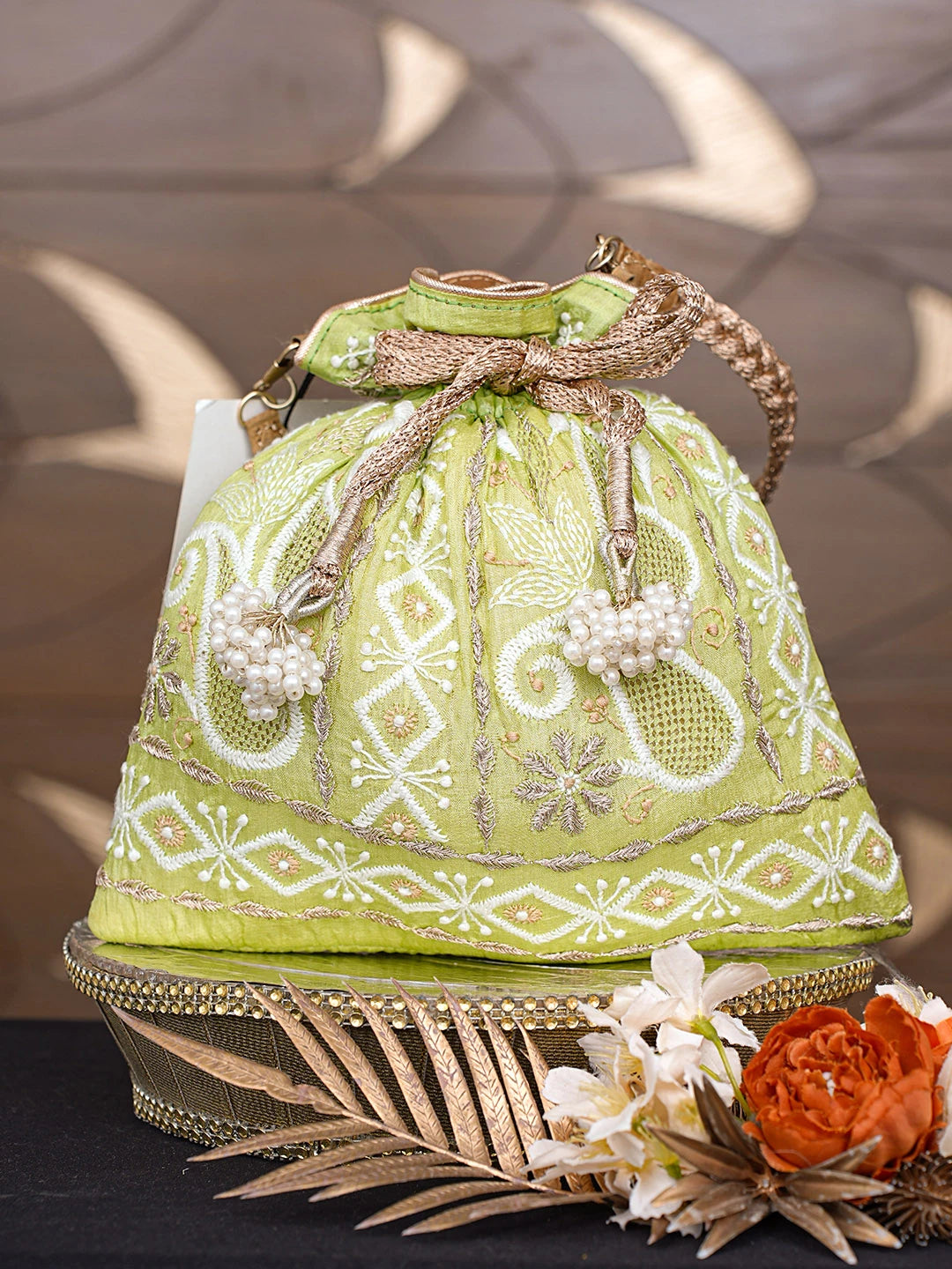 Ada Hand Embroidered Green Silk Lucknowi Chikankari Potli Bag With Zari Work 01A662352