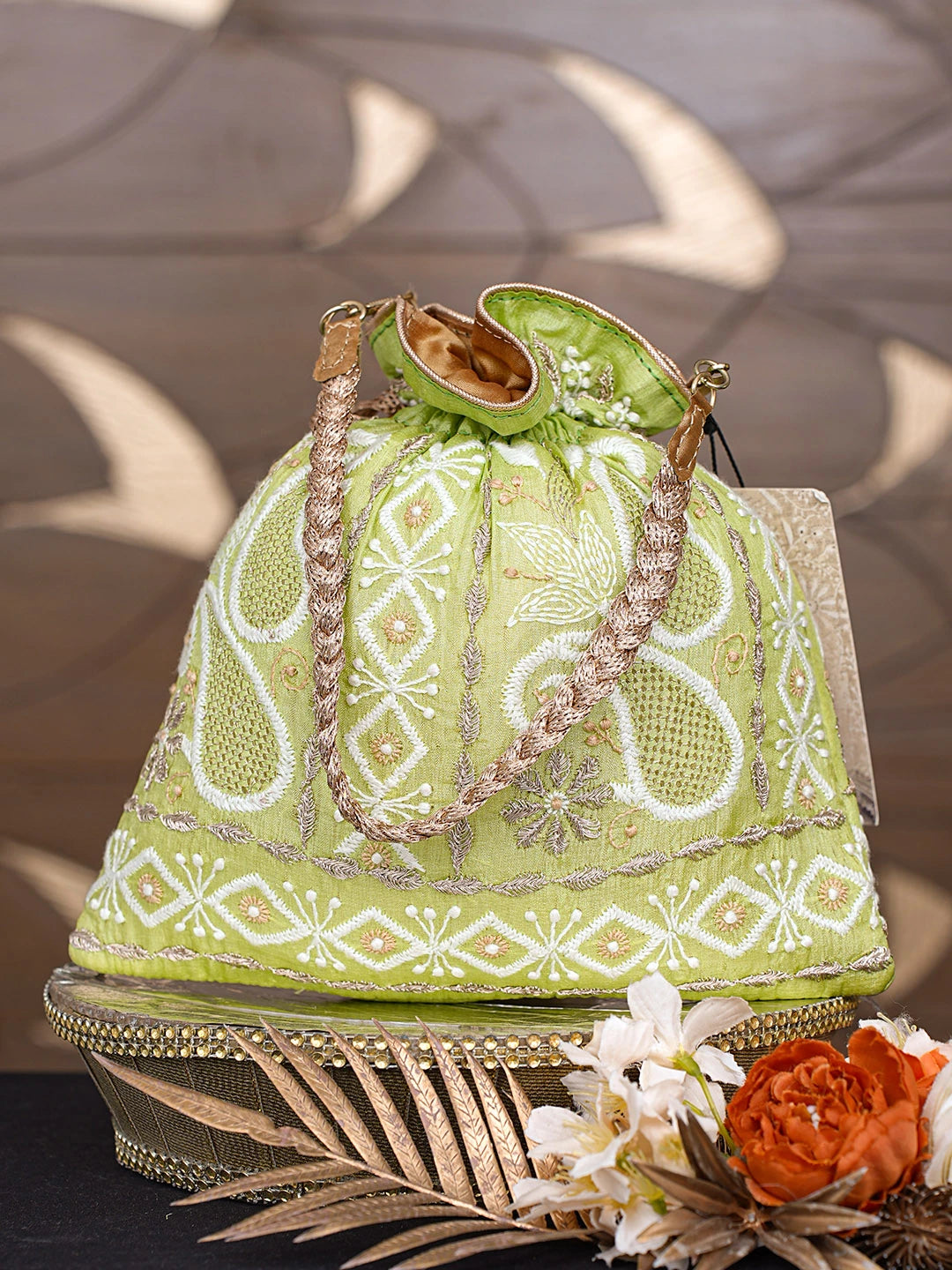 Ada Hand Embroidered Green Silk Lucknowi Chikankari Potli Bag With Zari Work 01A662352