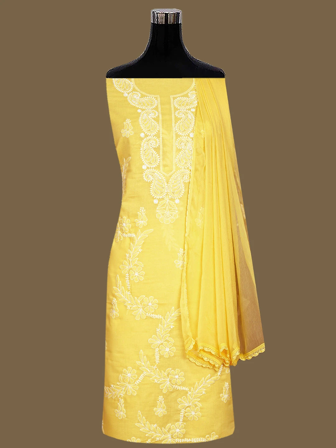 Ada Hand Embroidered Yellow Cotton Lucknowi Chikankari Unstitched Suit Piece 01A847449