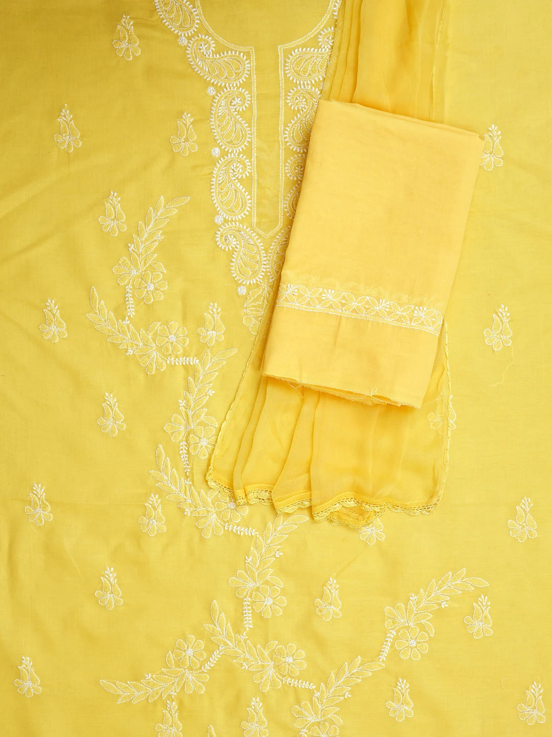 Ada Hand Embroidered Yellow Cotton Lucknowi Chikankari Unstitched Suit Piece 01A847449