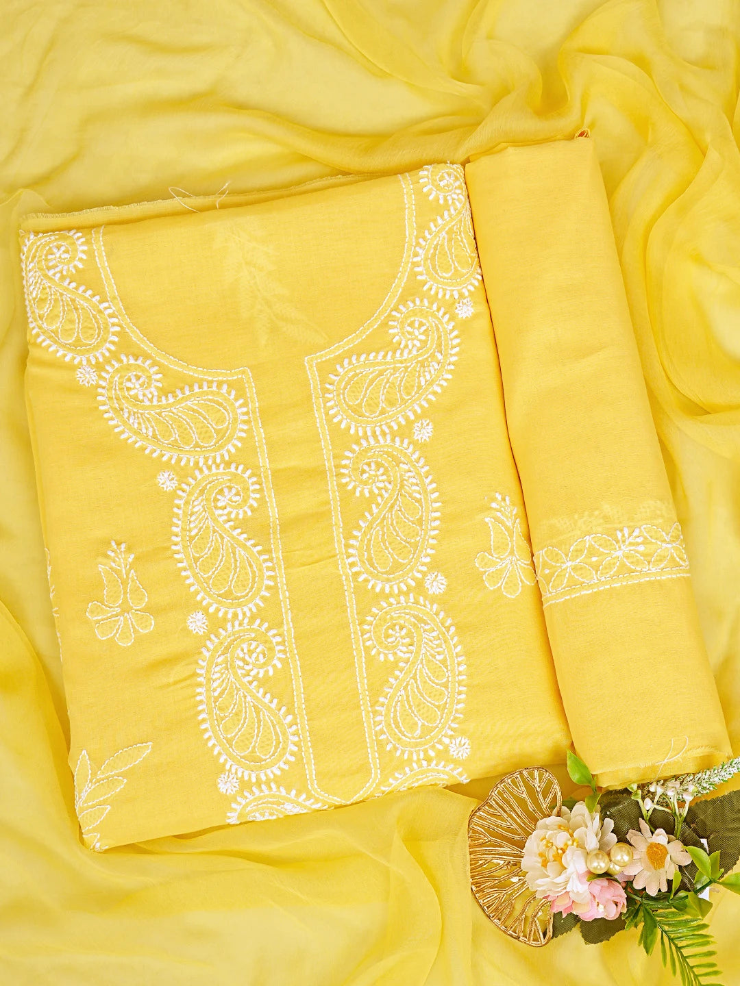 Ada Hand Embroidered Yellow Cotton Lucknowi Chikankari Unstitched Suit Piece 01A847449