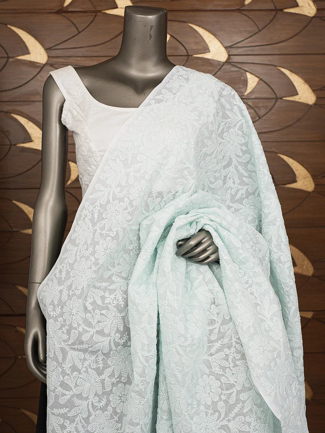 Ada Hand Embroidered Sky Blue Cotton Lucknowi Chikankari Dupatta 01A562409