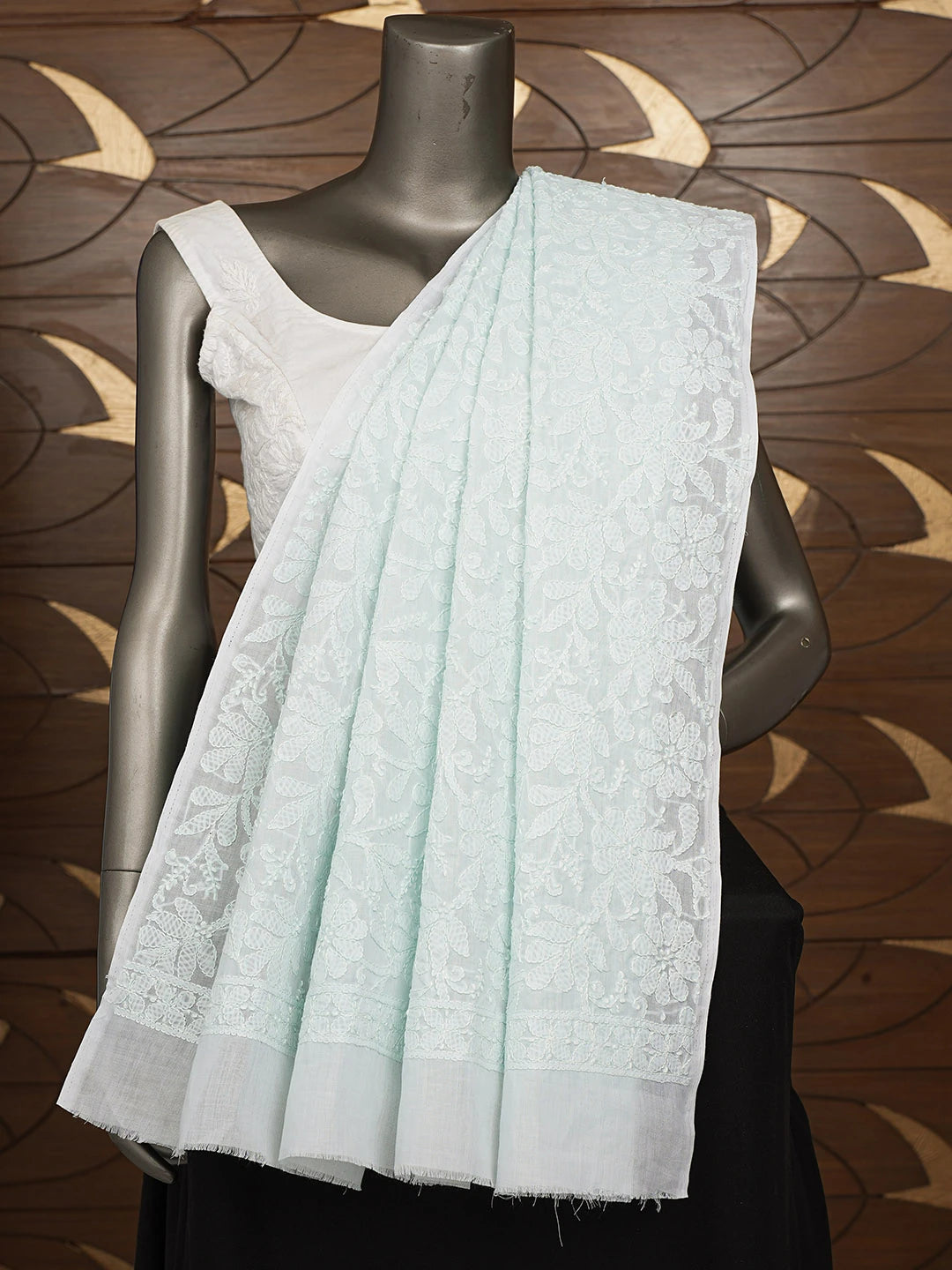 Ada Hand Embroidered Sky Blue Cotton Lucknowi Chikankari Dupatta 01A562409