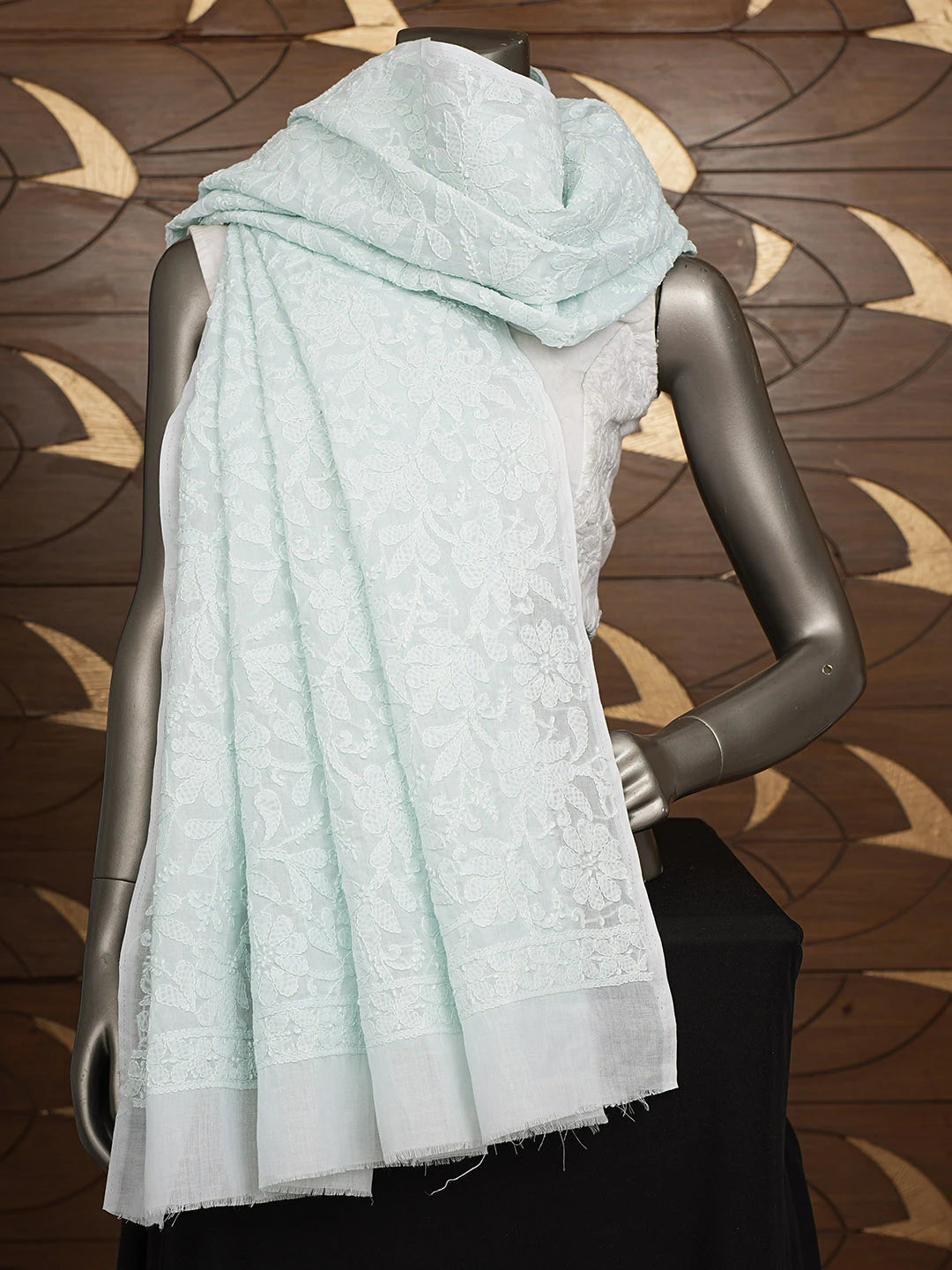 Ada Hand Embroidered Sky Blue Cotton Lucknowi Chikankari Dupatta 01A562409