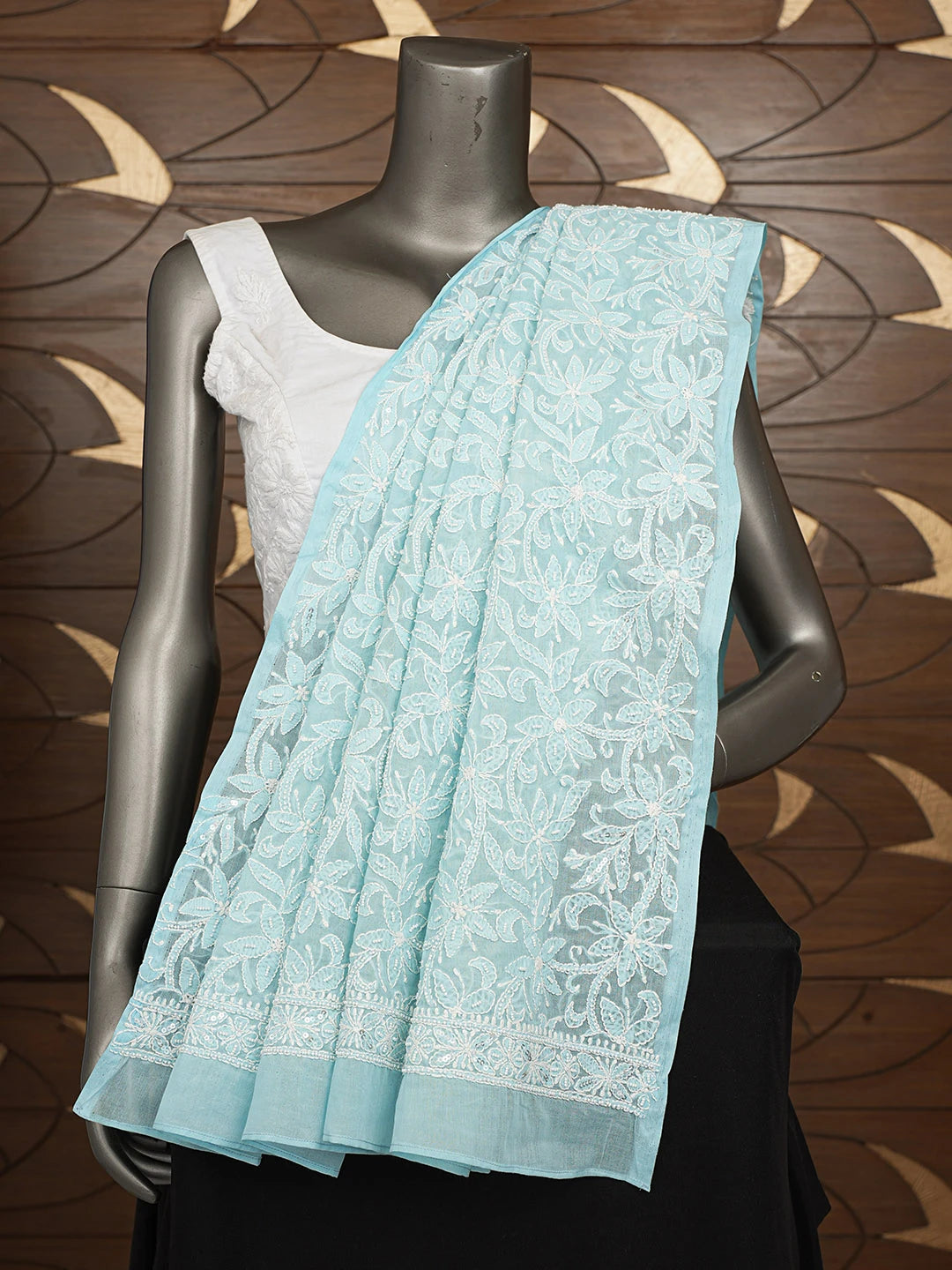 Ada Hand Embroidered Blue Cotton Lucknowi Chikankari Dupatta With Pearl Work 01A589452