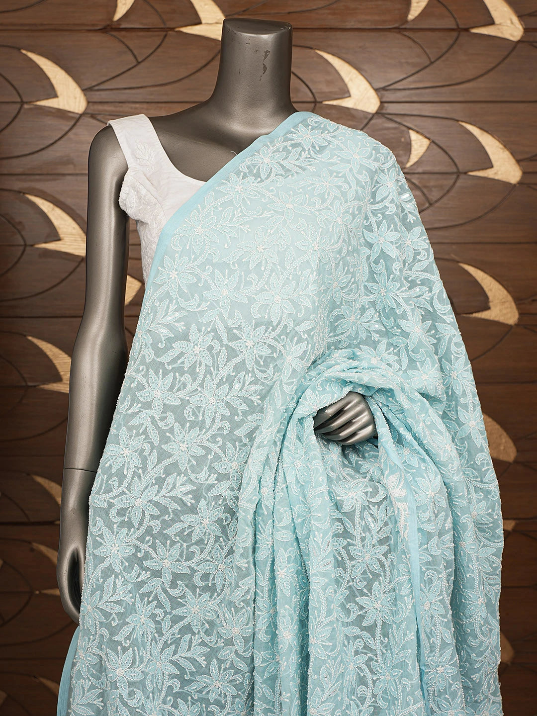 Ada Hand Embroidered Blue Cotton Lucknowi Chikankari Dupatta With Pearl Work 01A589452