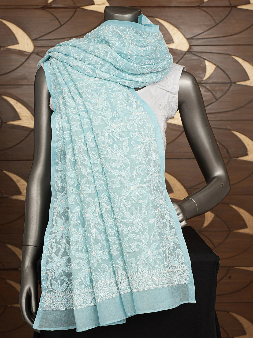 Ada Hand Embroidered Blue Cotton Lucknowi Chikankari Dupatta With Pearl Work 01A589452