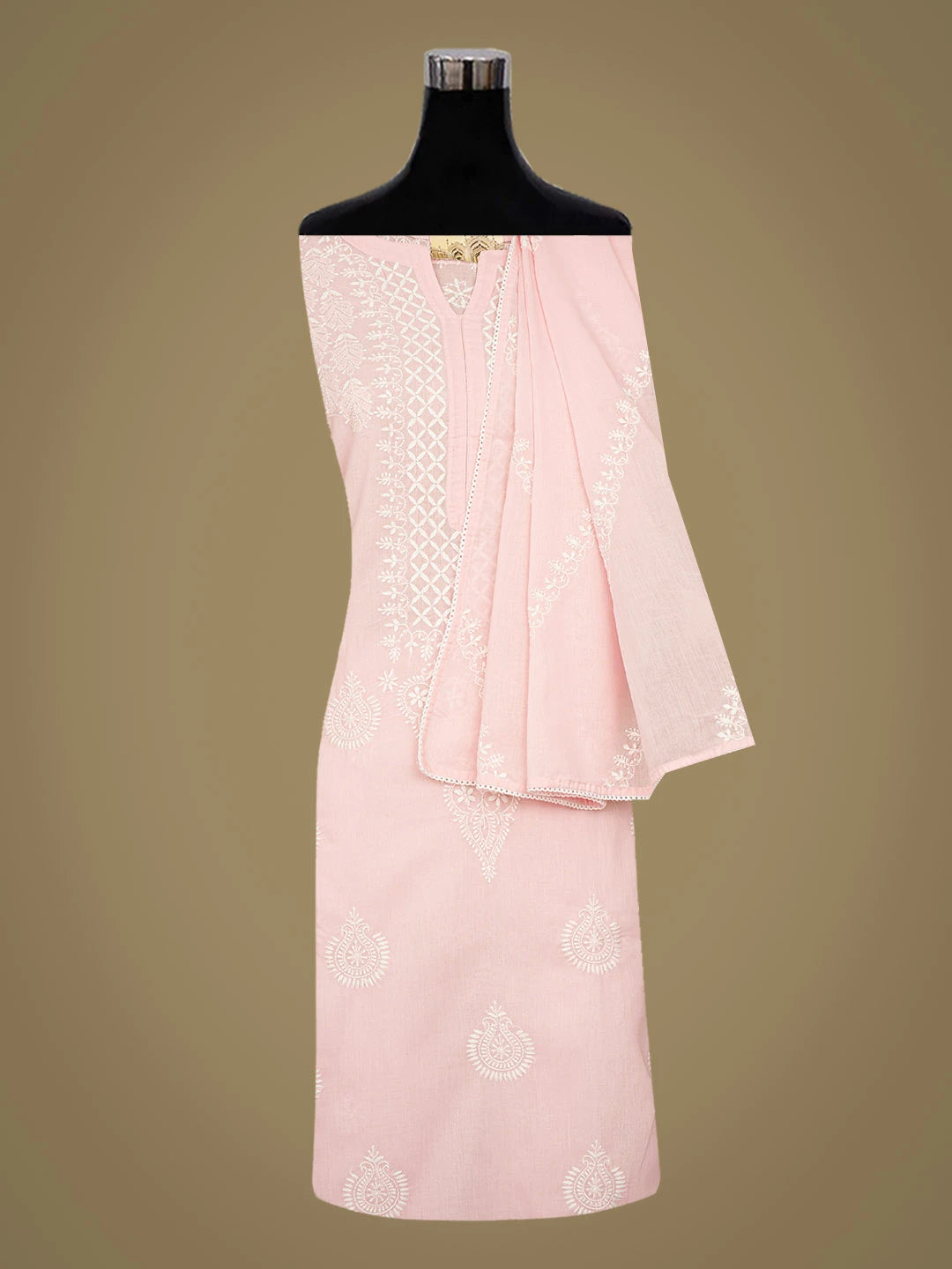 Ada Hand Embroidered Pink Cotton Lucknowi Chikankari Semi-Stitched Kurta Dupatta Set 01A791327