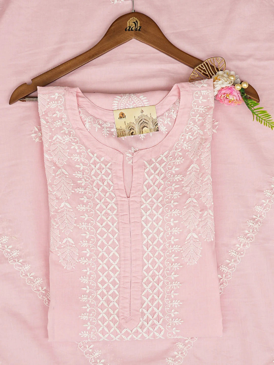 Ada Hand Embroidered Pink Cotton Lucknowi Chikankari Semi-Stitched Kurta Dupatta Set 01A791327
