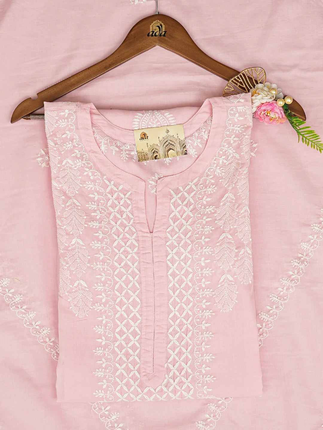 Ada Hand Embroidered Pink Cotton Lucknowi Chikankari Semi-Stitched Kurta Dupatta Set 01A791327