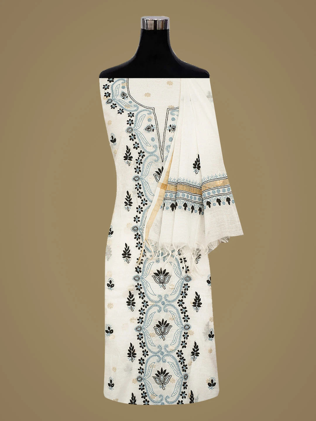 Ada Hand Embroidered White Chanderi Lucknowi Chikankari Unstitched Kurta Dupatta Set 01A836913