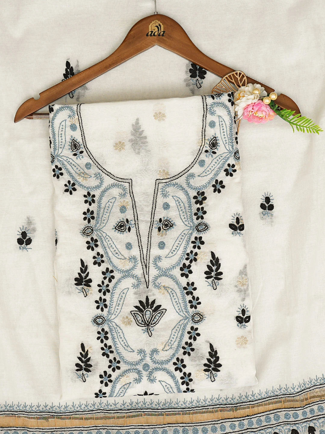 Ada Hand Embroidered White Chanderi Lucknowi Chikankari Unstitched Kurta Dupatta Set 01A836913