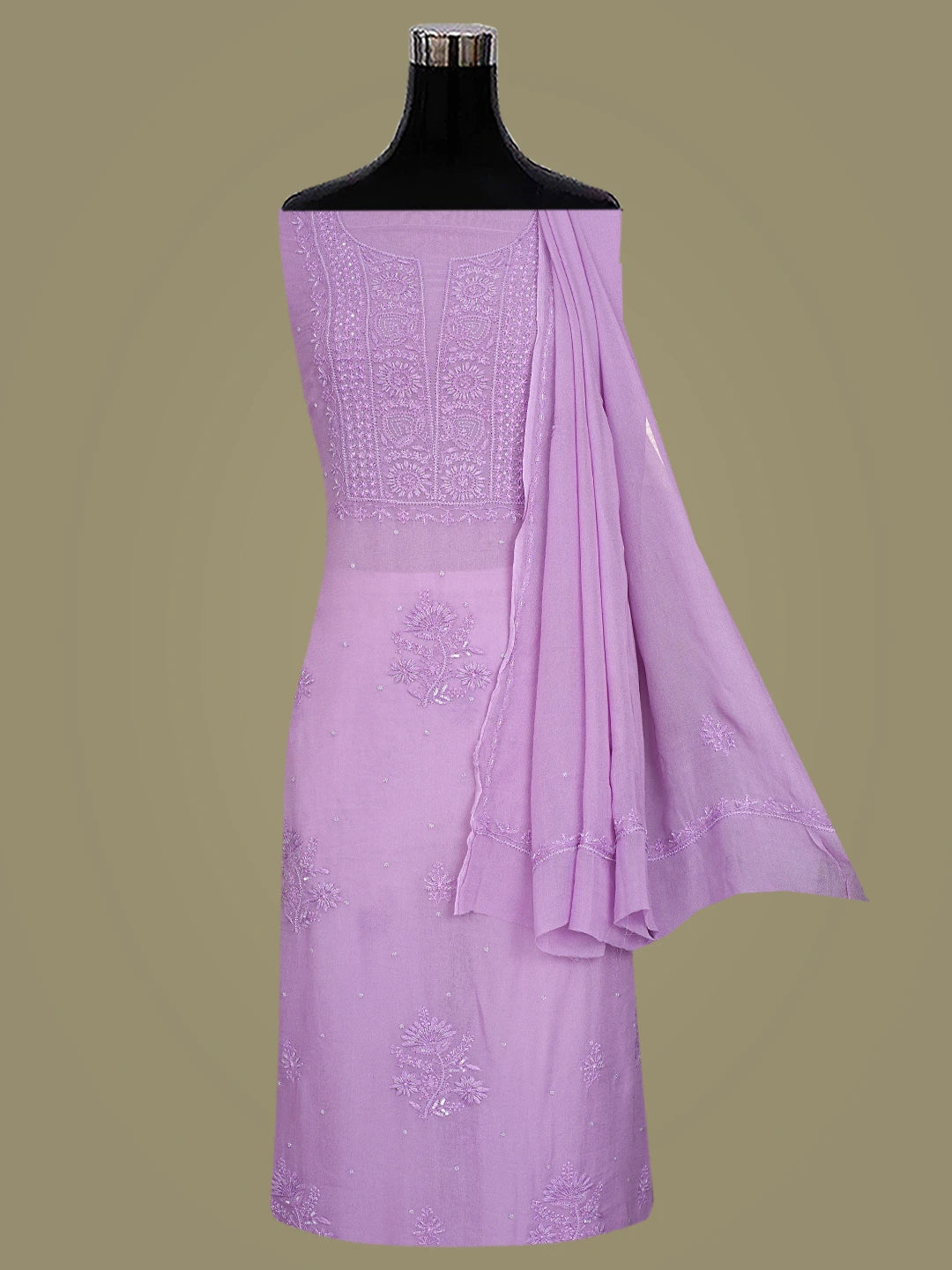 Ada Hand Embroidered Lavender Viscose Georgette Lucknowi Chikankari Unstitched Kurta Dupatta Set With Cutdana Work 01A771714