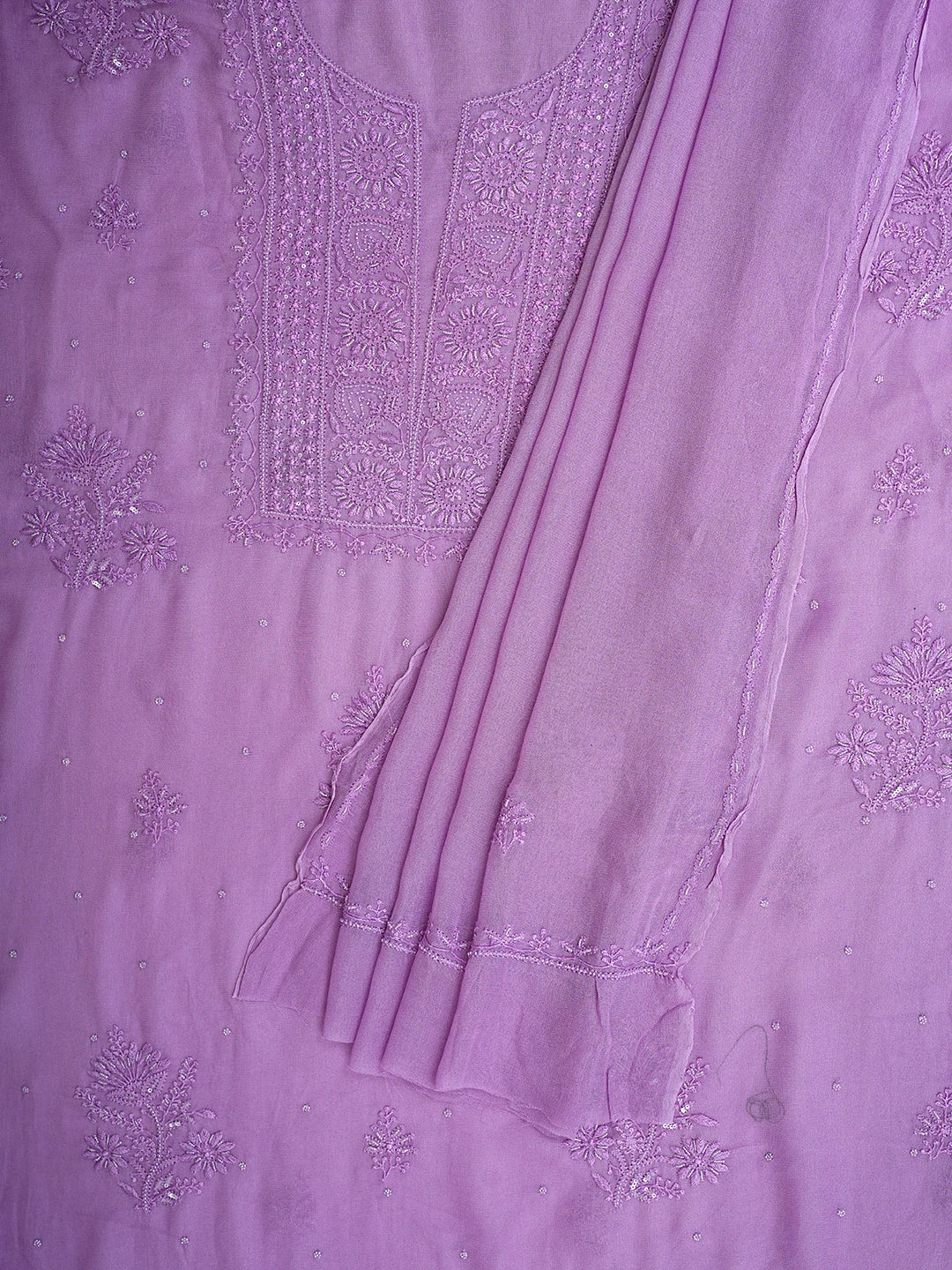 Ada Hand Embroidered Lavender Viscose Georgette Lucknowi Chikankari Unstitched Kurta Dupatta Set With Cutdana Work 01A771714
