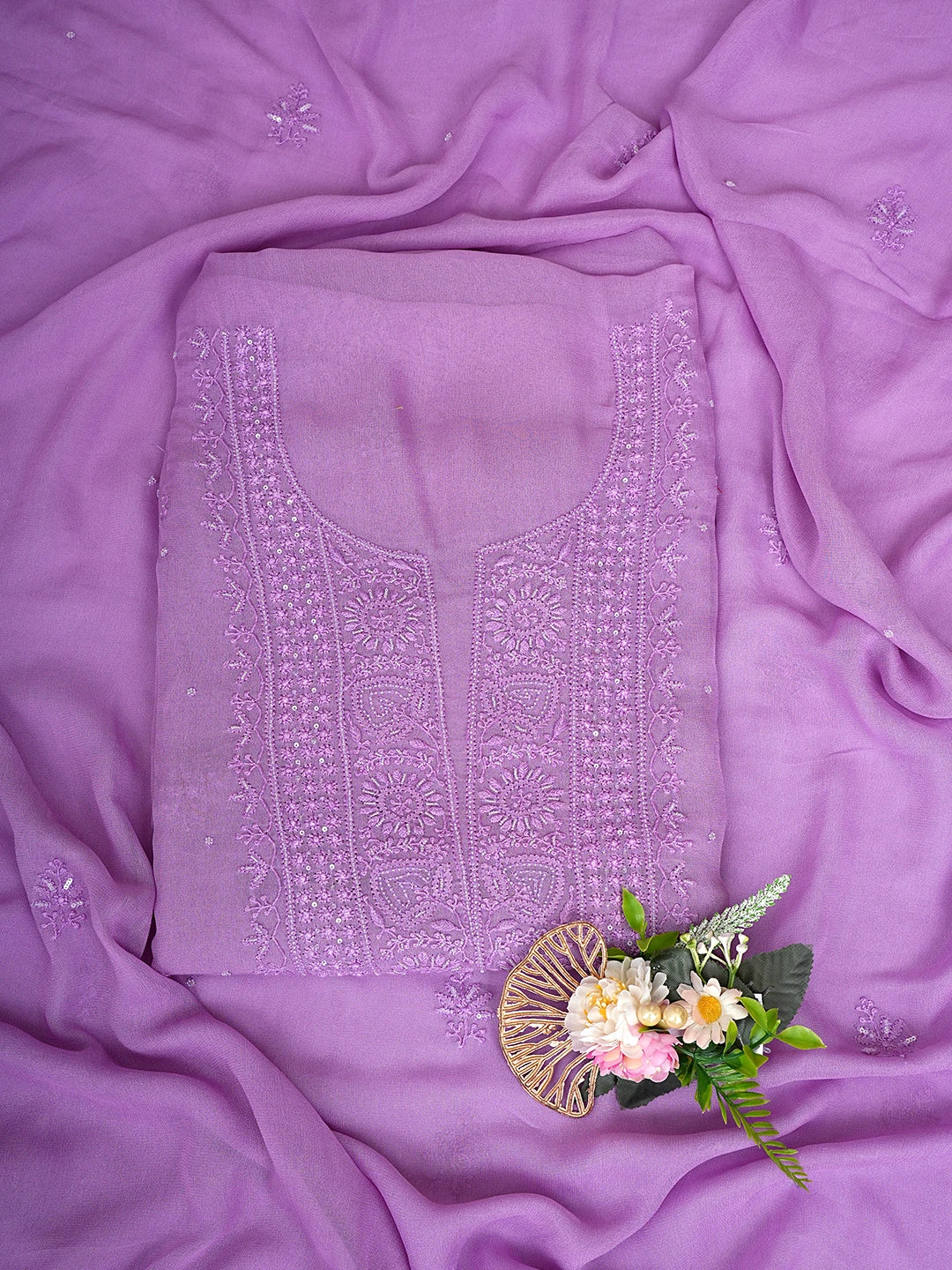 Ada Hand Embroidered Lavender Viscose Georgette Lucknowi Chikankari Unstitched Kurta Dupatta Set With Cutdana Work 01A771714
