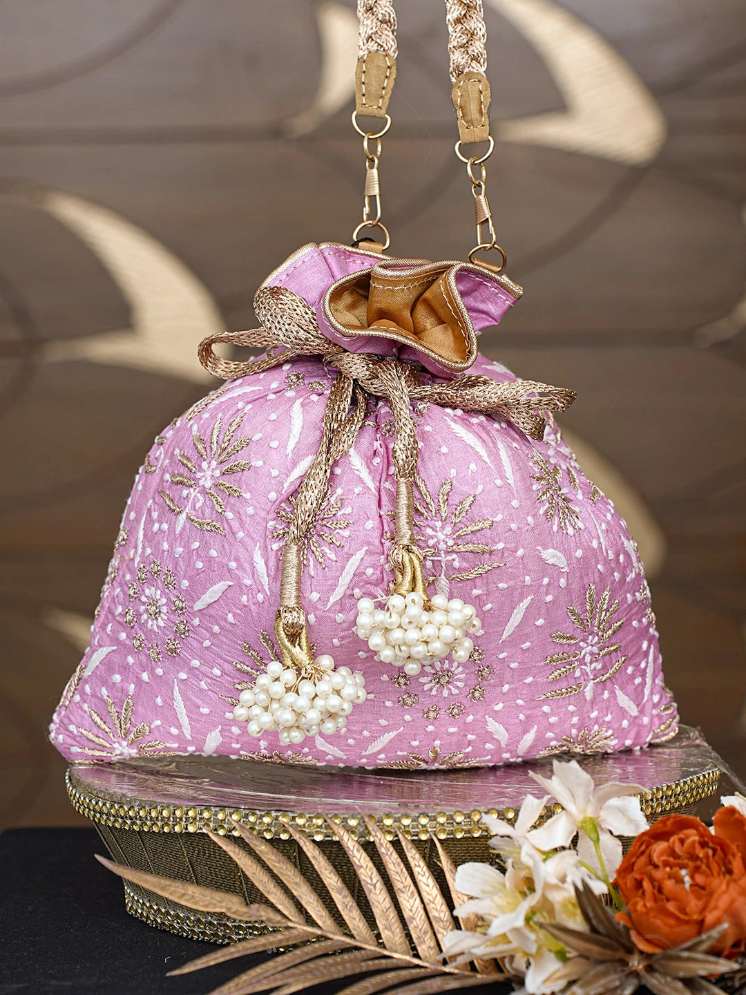 Ada Hand Embroidered Pink Silk Lucknowi Chikankari Potli Bag With Zari Work 01A793836