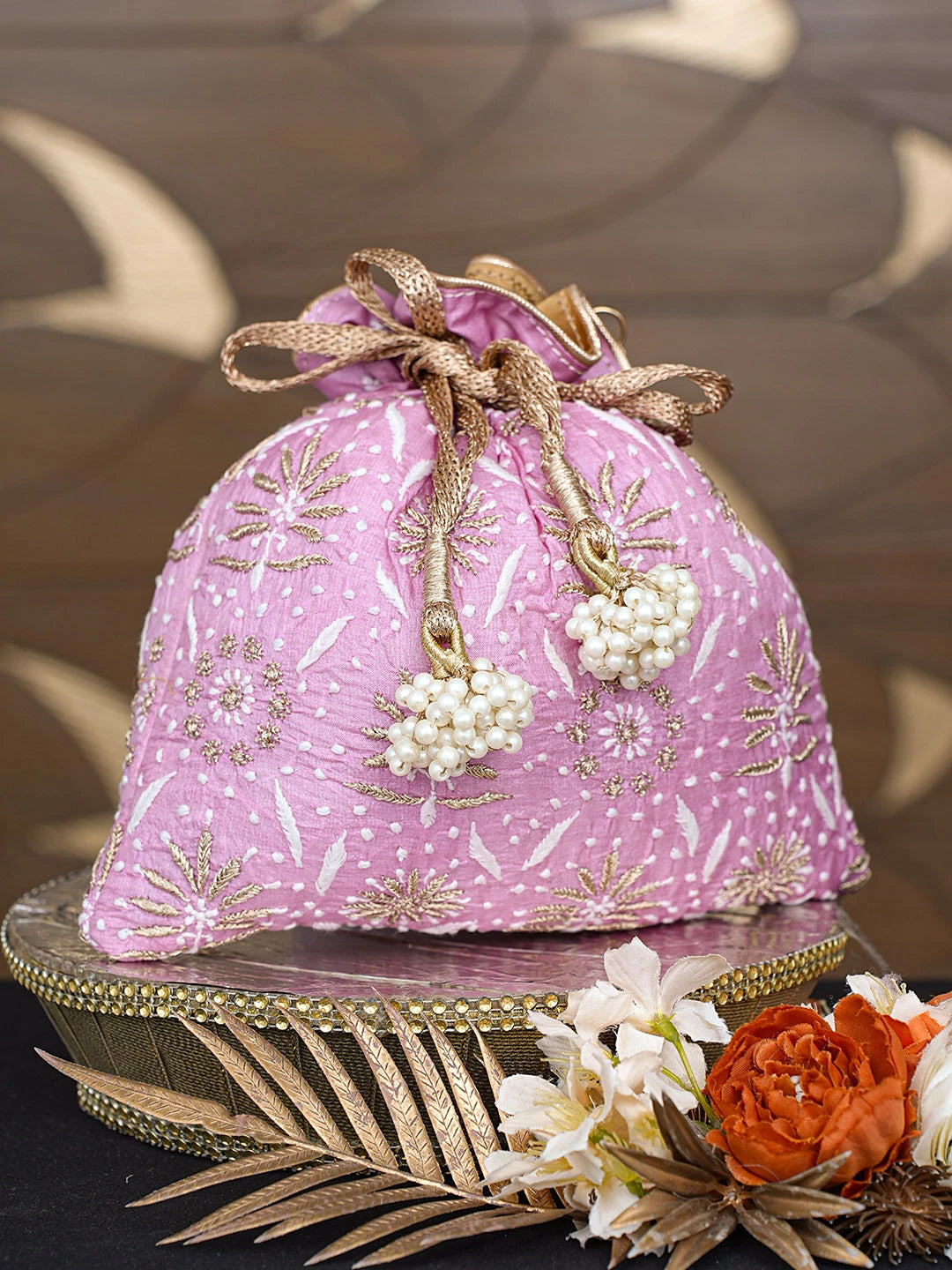 Ada Hand Embroidered Pink Silk Lucknowi Chikankari Potli Bag With Zari Work 01A793836